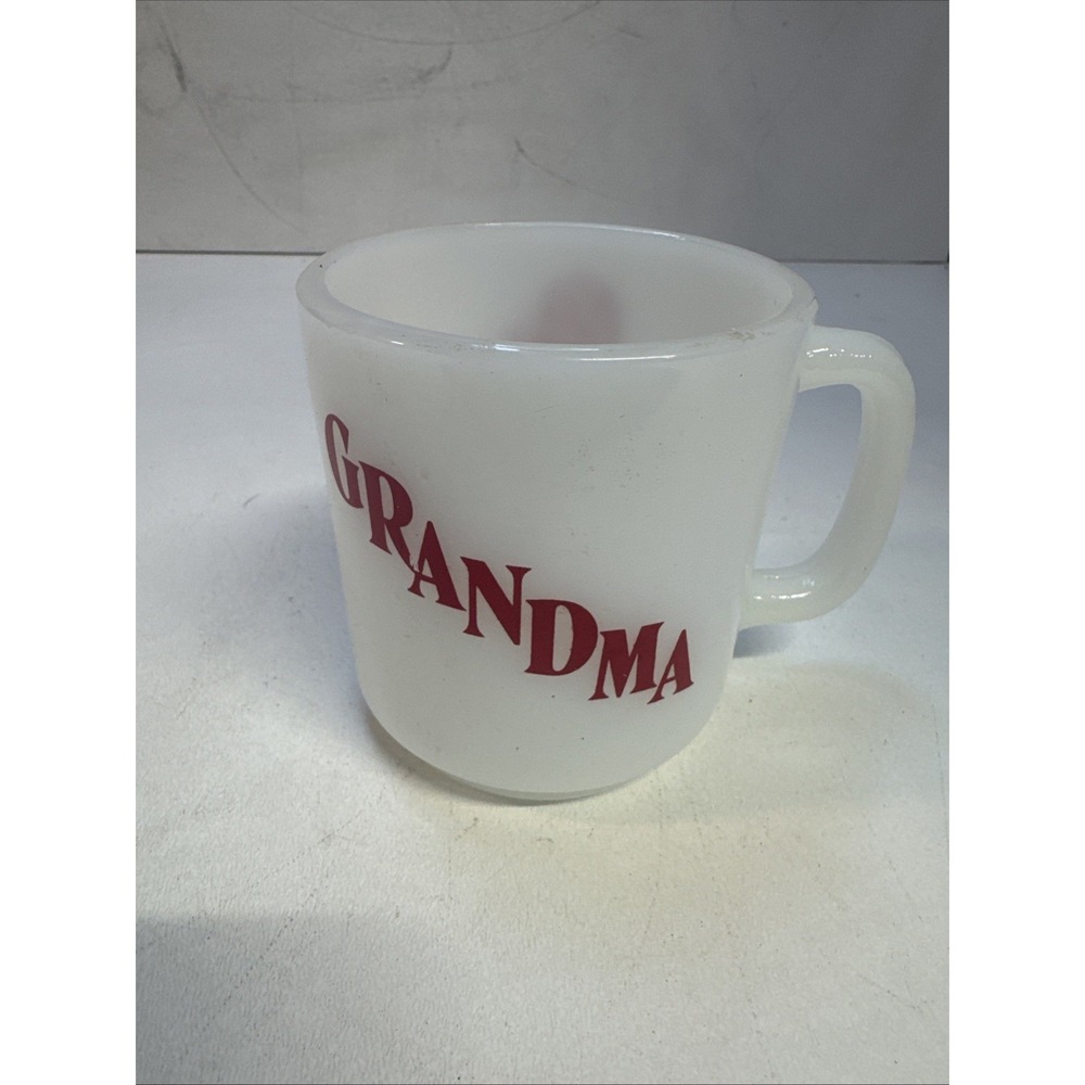 Glasbake Grandma Milk Glass Coffee Cup Mug White Red‎ Vtg Knitting Made in USA